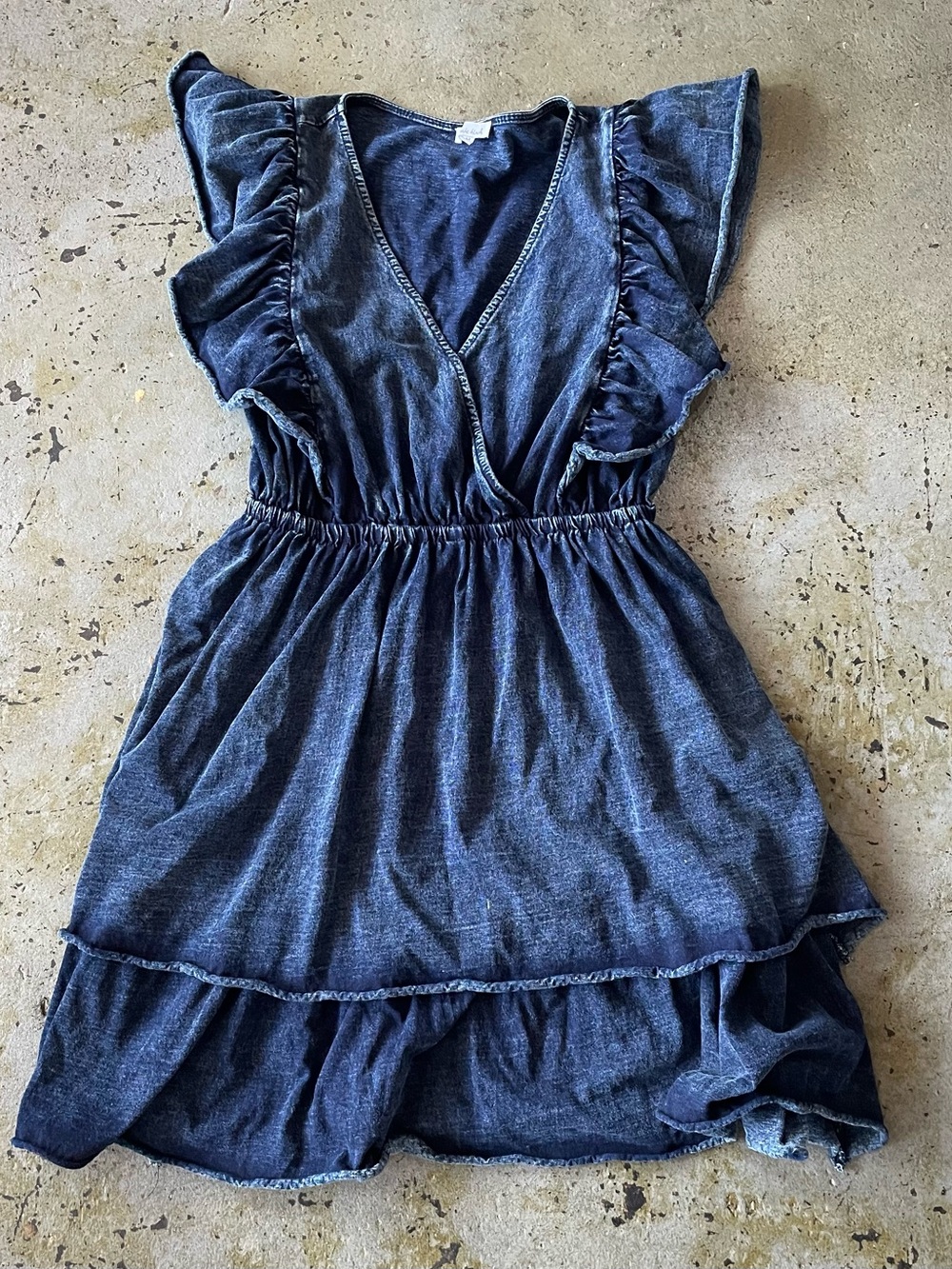 White Birch Dark Blue Cotton Denim-Look Dress with Flutter Sleeves Size M